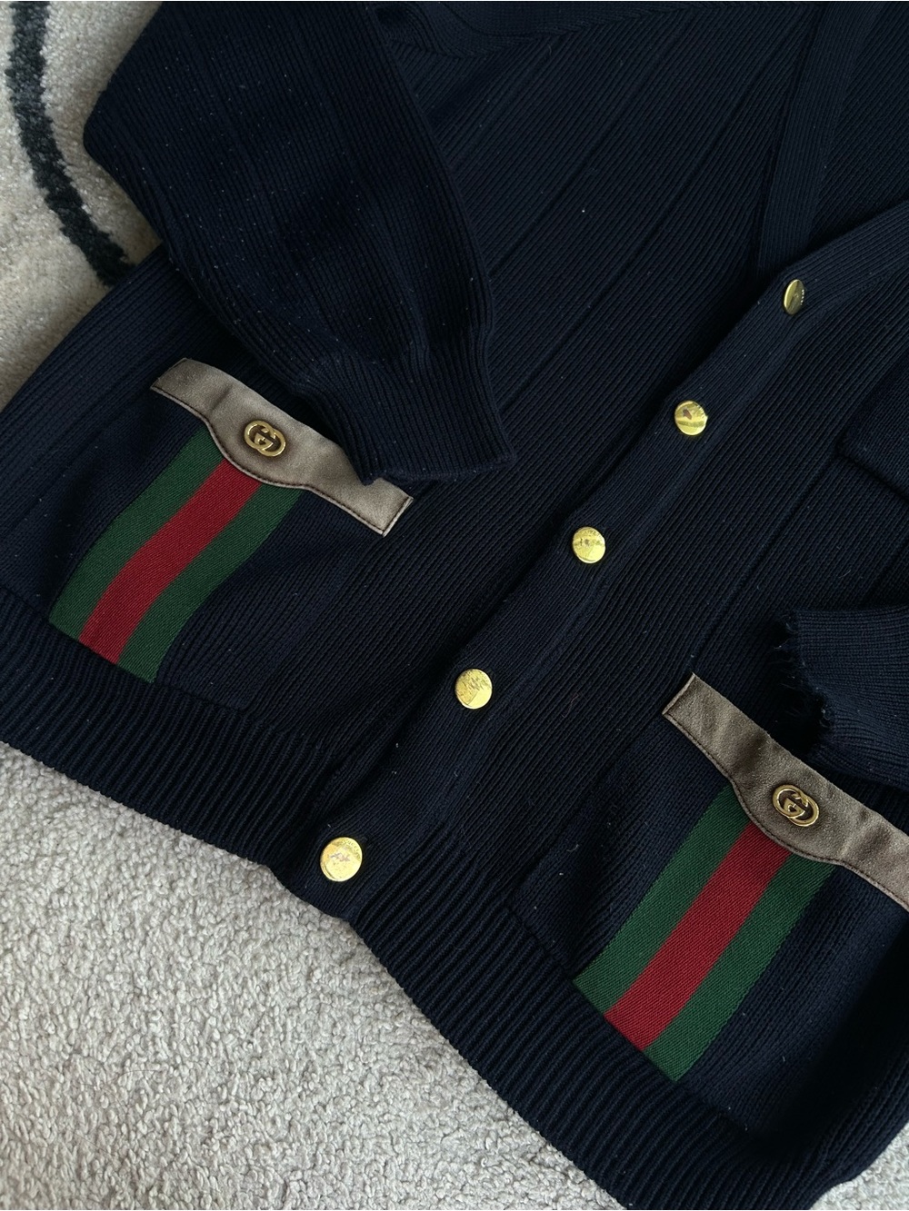 Gucci Navy Wool-Blend Cardigan with Green and Red Web Trim
